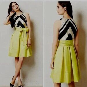 New Moulinette Soeurs Anthro Fit Flare Party Dress Black White Chartreuse WOW 0